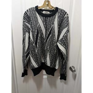 Vintage Expressions Knit Pull Over Sweater Mens L Abstract Geometric Black White